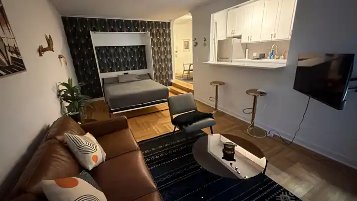 Guest-ready Airbnb studio after a turnover clean