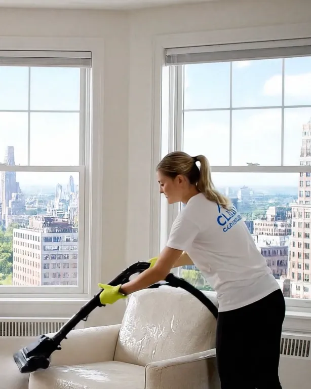 A Clean Cleaners NYC expert vacuuming a modern apartment in Manhattan, delivering spotless and reliable cleaning services in New York City.
